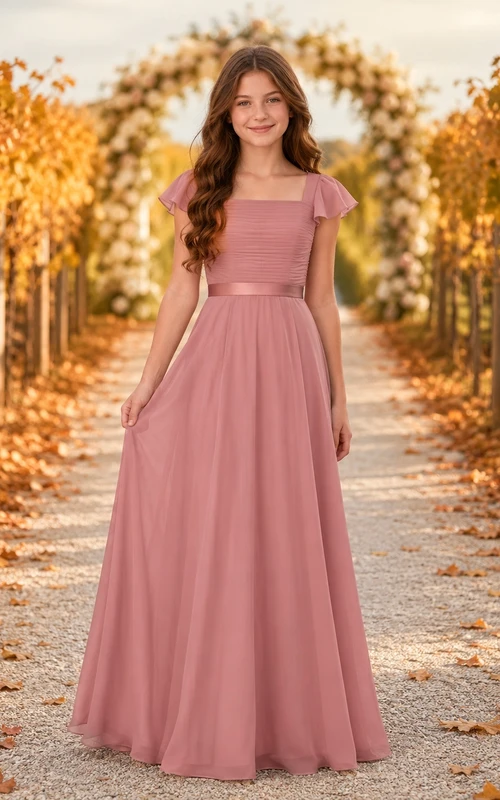 Elegantes Brautjungfernkleid in Altrosa, A-Linie, eckige kurze Ärmel, Chiffon-Oberteil mit Falten