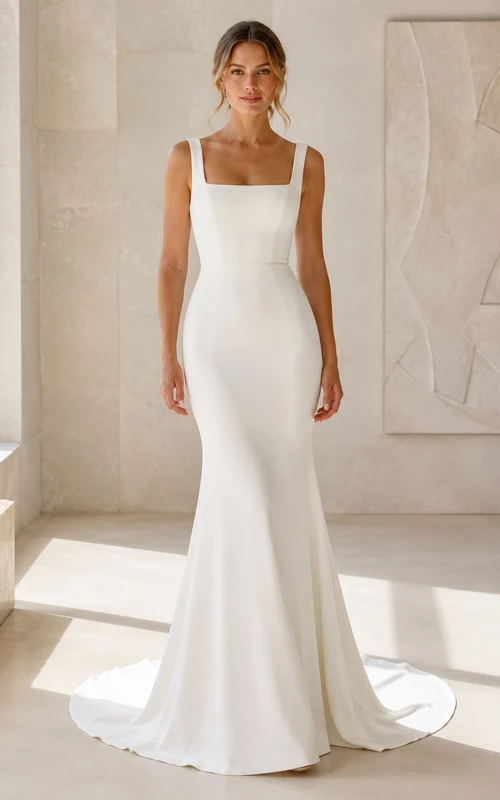 Minimalist Stretch Satin Wedding Dress Mermaid Square Neck Sleeveless Sweep Train Bridal Gown