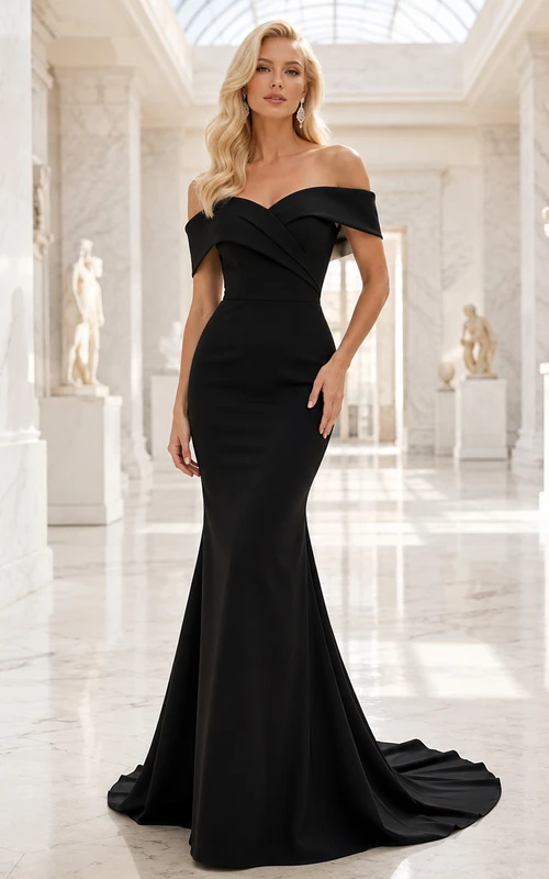 Black off shoulder folded collar mermaid museum gala gown