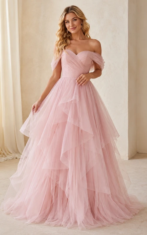 Blushing Pink Off-the-Shoulder Short Sleeve Layered Tulle Ball Gown Dress