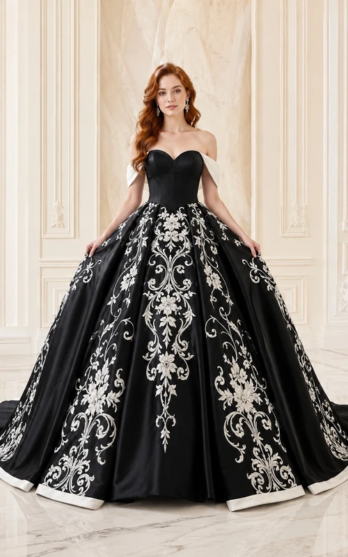 Schwarzes, schulterfreies Ballkleid aus Satin mit floraler Spitze, kurzen Ärmeln und Kathedralenschleppe