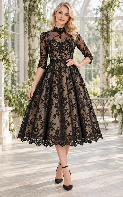 Vestido de dama de honor acampanado negro de encaje gótico vintage, cuello alto, manga tres cuartos y estampado floral, largo hasta la rodilla.