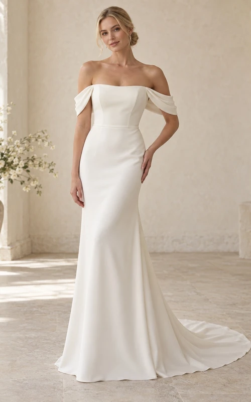 Vestido de novia sencillo de sirena con escote recto, hombros descubiertos y drapeado en crepé.