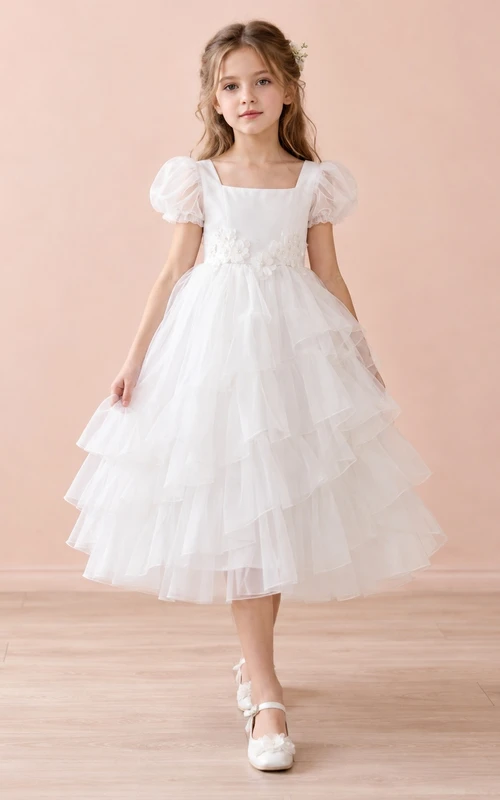 Tea-length Square Neck White Puff Sleeve Floral Waist Satin Tiered Tulle Flowergirl Dress