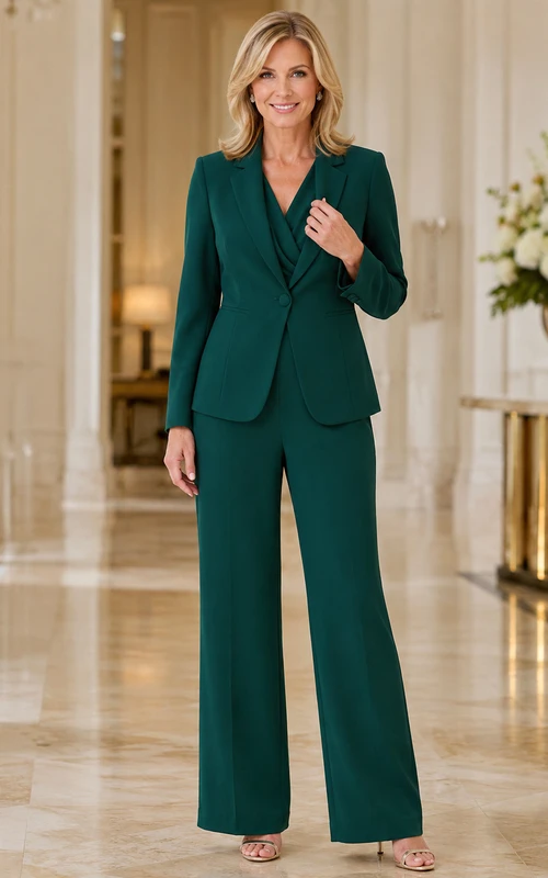 Dark Green Mother Jumpsuit with V-Neck Tailored Blazer Jacket and Wide Leg Pants