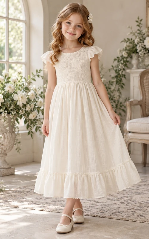Tea-length Country Ivory A-line Smocked Ruffle-sleeve Ruffle-hem Gathered Flower Girl Dress