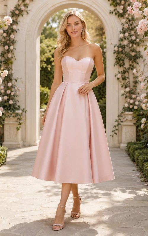 Vestido de novia romántico de corte A, sin tirantes, de satén, largo hasta la rodilla y escote corazón, color rosa empolvado.