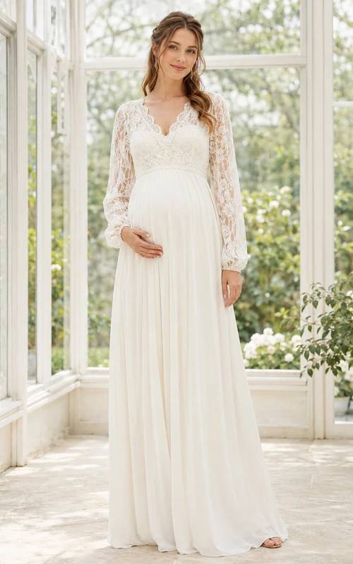 Ivory Tall Maternity Lace Long Sleeve V-Neck A-Line Floor Dress