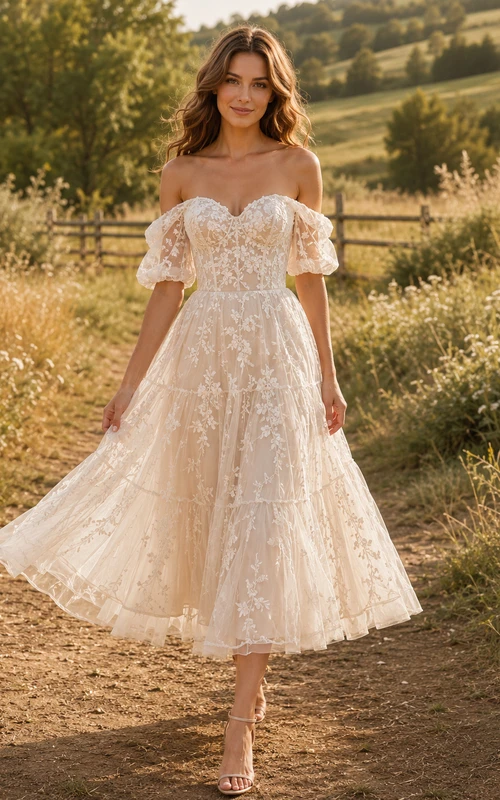 Robe de mariée bohème mi-longue à épaules dénudées, manches bouffantes en dentelle, coupe trapèze et volants