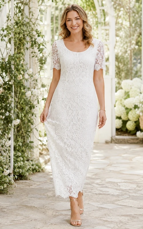 Robe de jardin blanche à col rond, manches courtes, fourreau en dentelle, longueur cheville