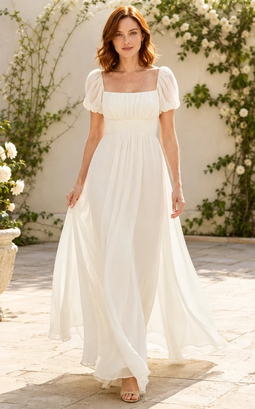 Romantic Square Neck Puff Sleeve Chiffon A-Line Floor-Length Garden Wedding Dress