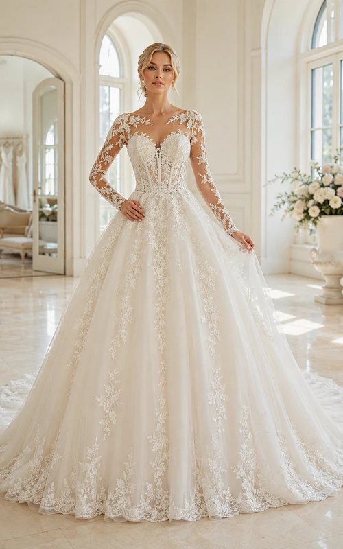 Robe de bal en dentelle illusion, col montant, manches longues, traîne cathédrale, applications florales, robe de mariée champêtre