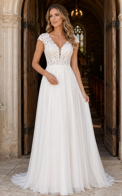 A-Linien-Brautkleid mit kurzen Ärmeln, Spitzenoberteil und Tüll