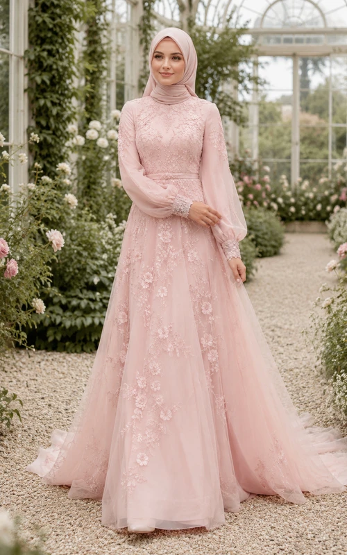 Blushing Pink Muslim Long Sleeve Lace Garden Wedding Dress