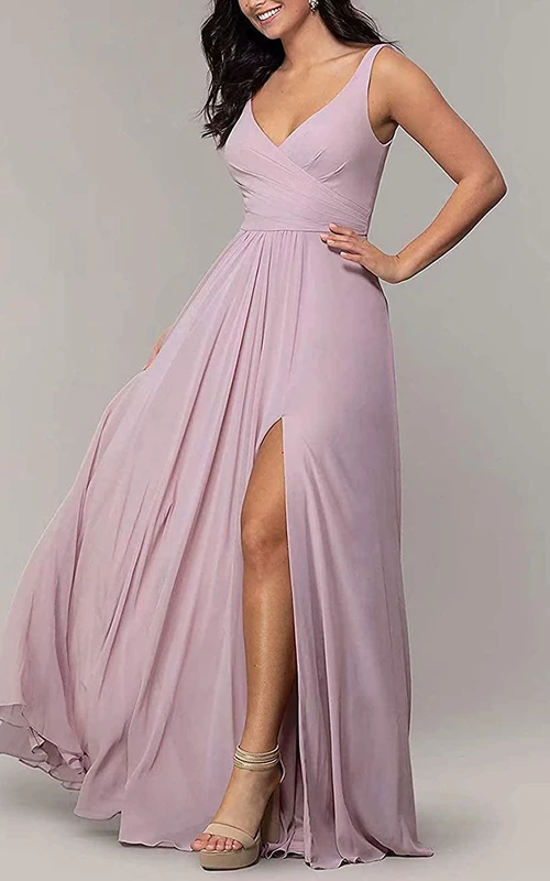Robe de demoiselle d'honneur en mousseline de soie, coupe trapèze, sans manches, longueur au sol, col en V et fente sur le devant