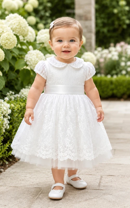 Collared Baptism Dress A-Line Cotton Lace Short Sleeve Knee-Length Scalloped Hem