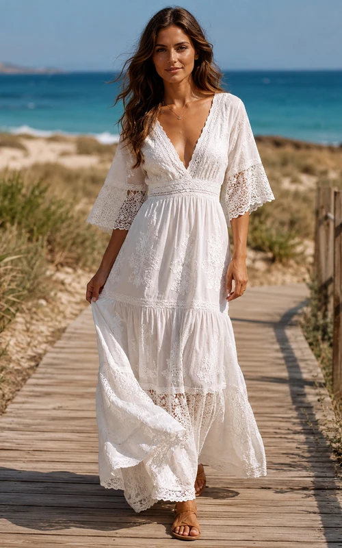 Vestido bohemio blanco de encaje de algodón ibicenco, corte A, largo hasta el suelo, escote en V, mangas acampanadas.