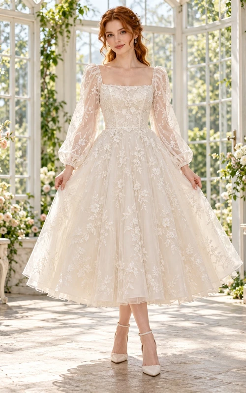 Tea-length Square Neck Long Sleeve Floral Lace A-line Wedding Dress
