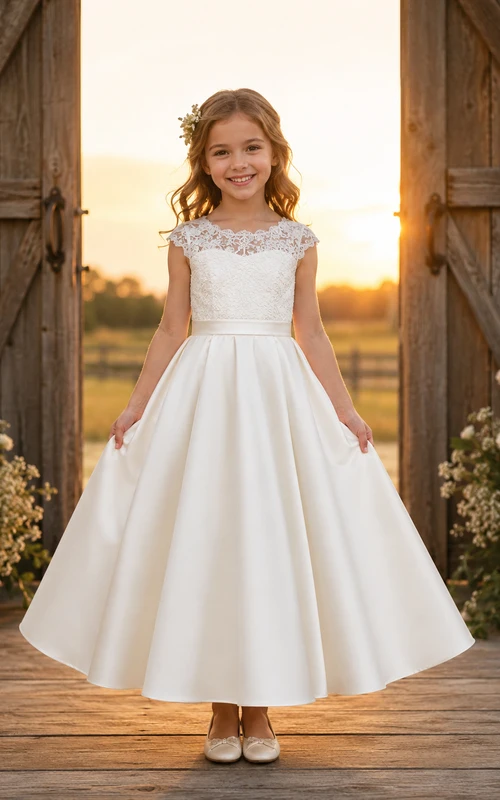 Flower Girl Dress Ivory Satin A-Line Short Sleeve Square Neck Tea Length Bow Detail