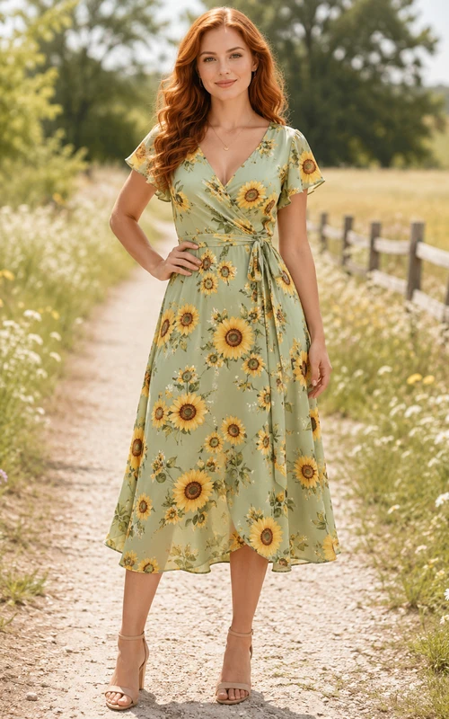 Sage Sunflower Print V-Neck Wrap Garden Midi Dress