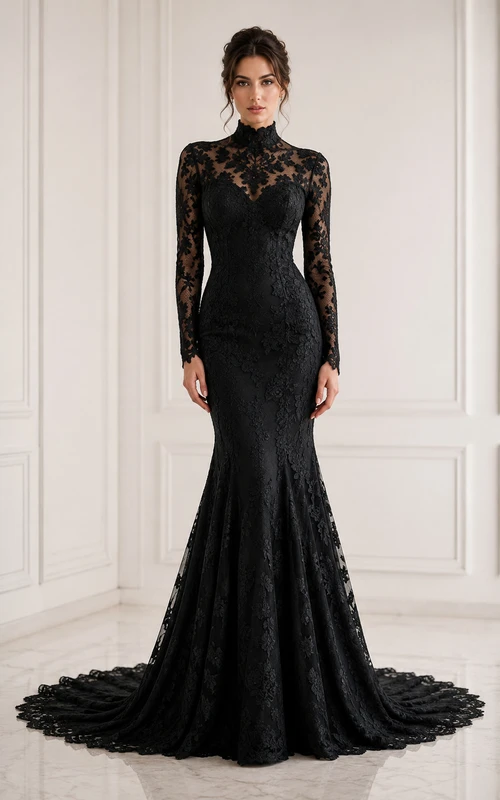 Robe de mariée sirène en dentelle noire à col montant et manches longues