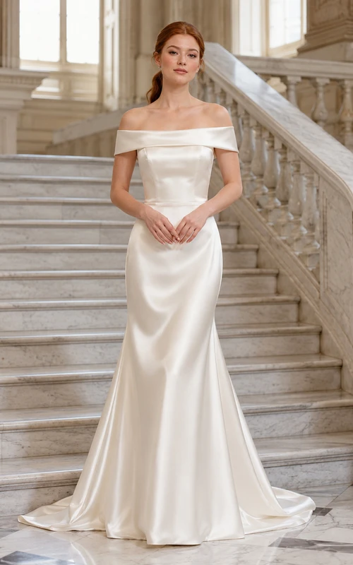 Minimalist Off Shoulder Satin Mermaid Sweep Train Wedding Dress