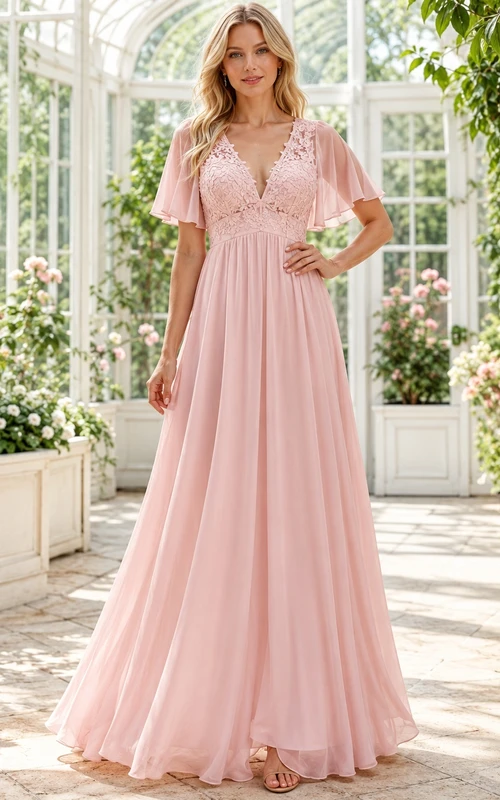 Blush Empire Waist Lace Flutter Sleeve V-Neck Chiffon Maxi Guest Dress