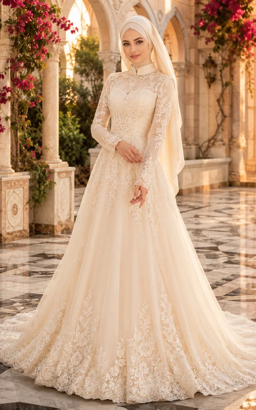 Robe de bal en dentelle avec hijab musulman, robe de mariée pour cour en marbre