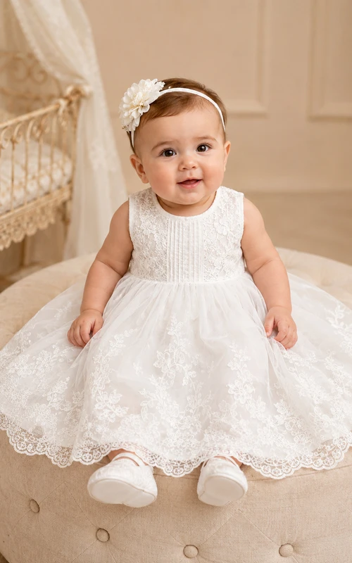 Sleeveless Christening Dress A-Line Lace Tulle Jewel Neck Full Skirt