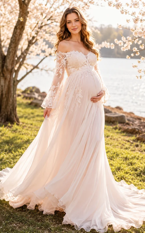 Maternity Blushing Pink Off Shoulder Bell Sleeve Wedding Dress