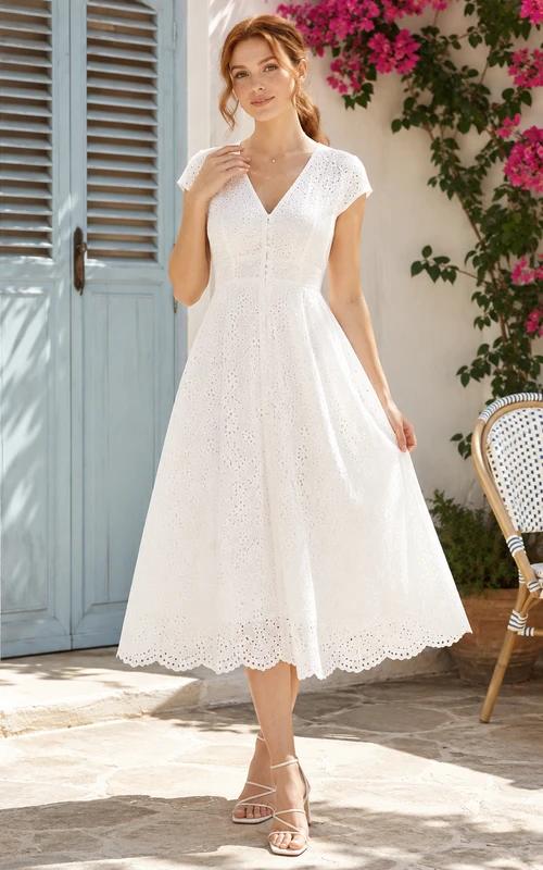 Bridal Brunch V Neck Cap Sleeve Eyelet Tea Length A Line Dress