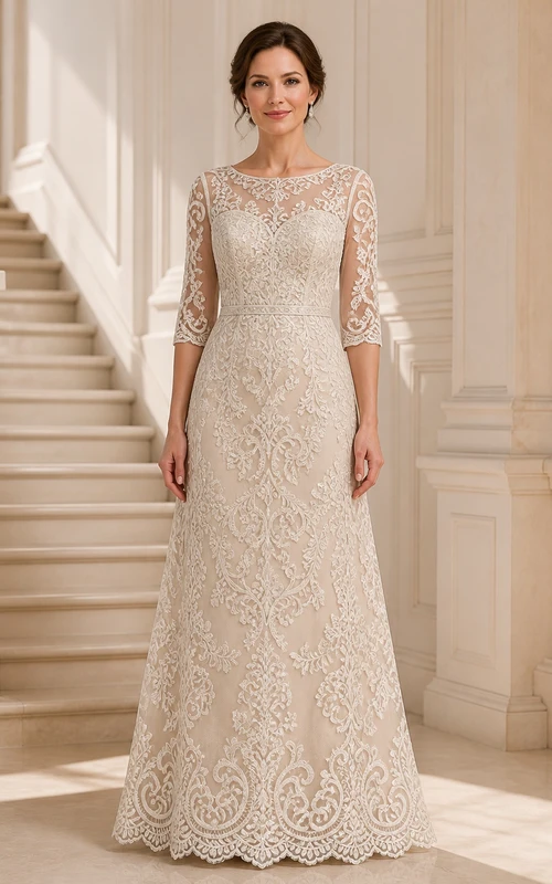 Robe de mariée modeste et élégante en dentelle, coupe trapèze, longueur au sol, manches trois-quarts, à encolure bateau, idéale pour les mariées plus âgées.