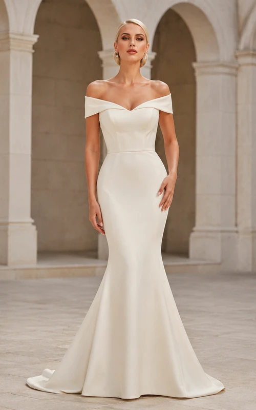 Robe de mariée sirène sculptée, longue jusqu'au sol, épaules dénudées, manches courtes, en satin élégant