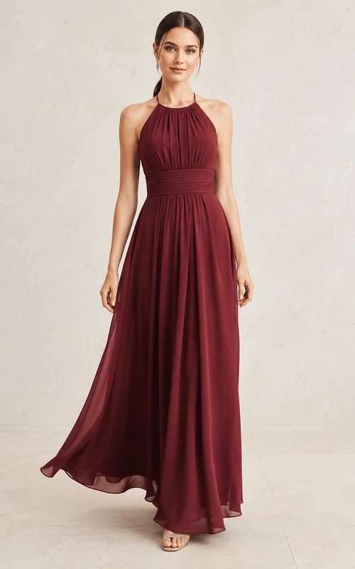 Burgundy High Neck Sleeveless Chiffon Empire Formal Dress