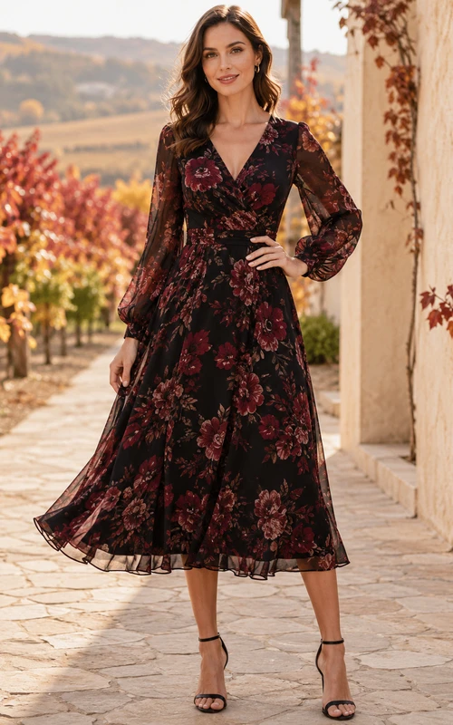 Vestido de invitada negro burdeos con estampado floral, escote en V y mangas largas hasta la rodilla.