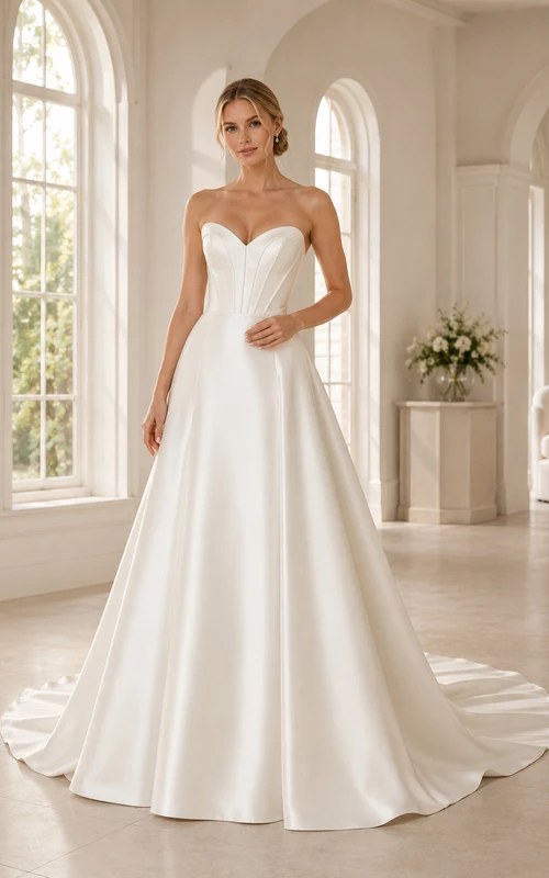 Trägerloses A-Linien-Brautkleid aus Satin mit herzförmigem Oberteil