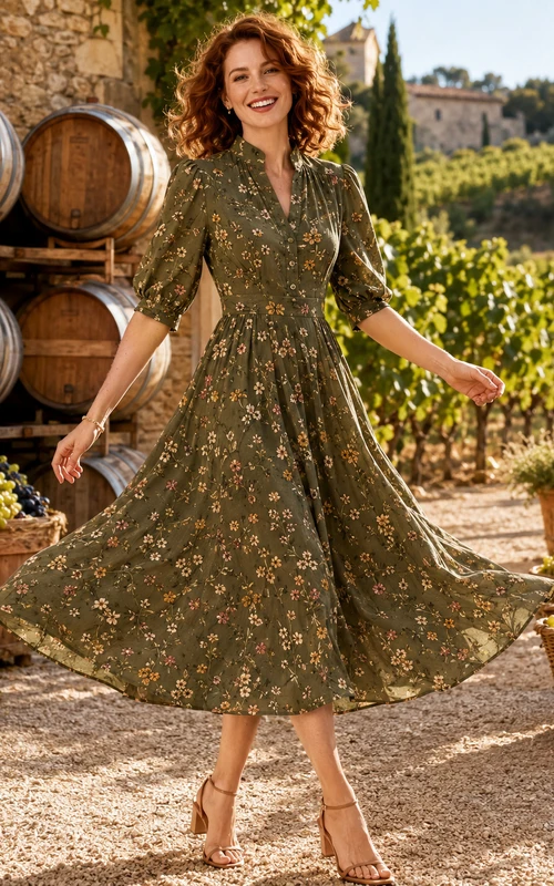 Olive Floral V Neck Swing A Line Vineyard Midi Dress