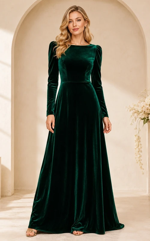 Dark Green Velvet Long Sleeve Jewel Neck A-Line Floor Length Luxury Gown
