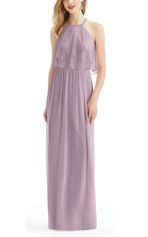 Vestido de dama de honor largo hasta el suelo con corpiño de encaje y cuello alto, de gasa.