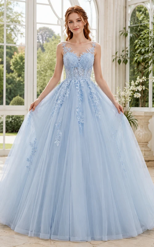 Sky Blue V-Neck Tulle Lace Ball Gown Formal Dress