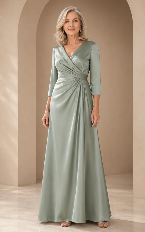 MOB-Kleid aus salbeifarbenem Satin, A-Linie, 3/4-Ärmel, V-Ausschnitt, bodenlang, drapiert