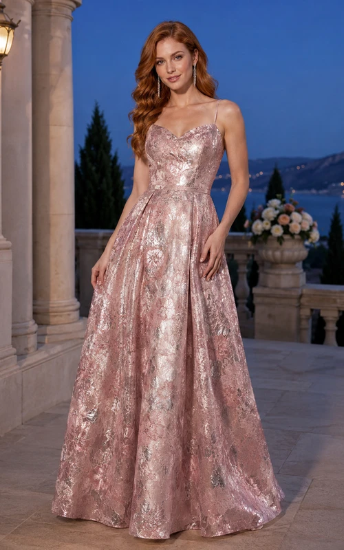 Blush Metallic Floral Strapless Sweetheart A-Line Floor-Length Evening Gown