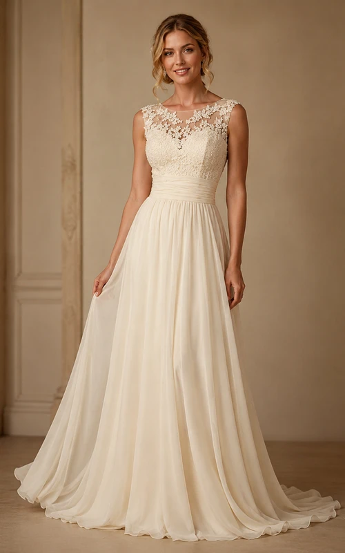 Robe de bal longue en mousseline élégante sans manches, ornée d'appliqués de dentelle.