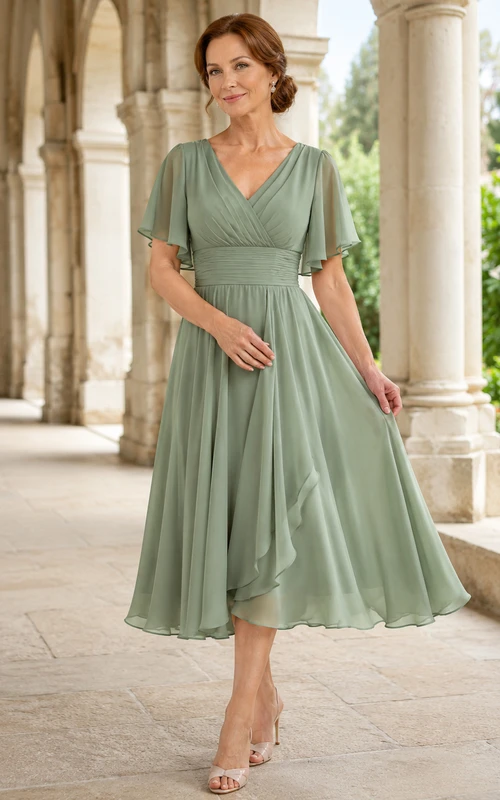 Vestido de gasa color verde salvia con escote en V y corte en A hasta la rodilla.