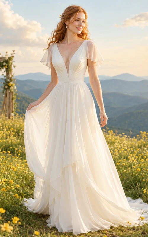 Plunging Flutter Sleeve Chiffon Mountain Meadow Bridal Gown