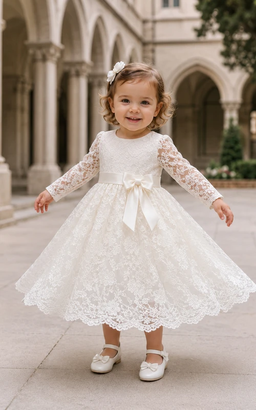 Elegant Church Ceremony Lace Sleeve Baby Christening A-Line Dress Modest Romantic Adorable Tulle Jewel Long Sleeve