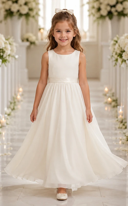 Klassisches A-Linien-Blumenmädchenkleid aus Tüll mit Spitzenoberteil, Rundhalsausschnitt, wadenlangem Rock und Schärpenverzierung