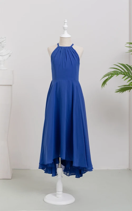 Vestido de niña de flores azul rey con escote halter asimétrico y gasa informal