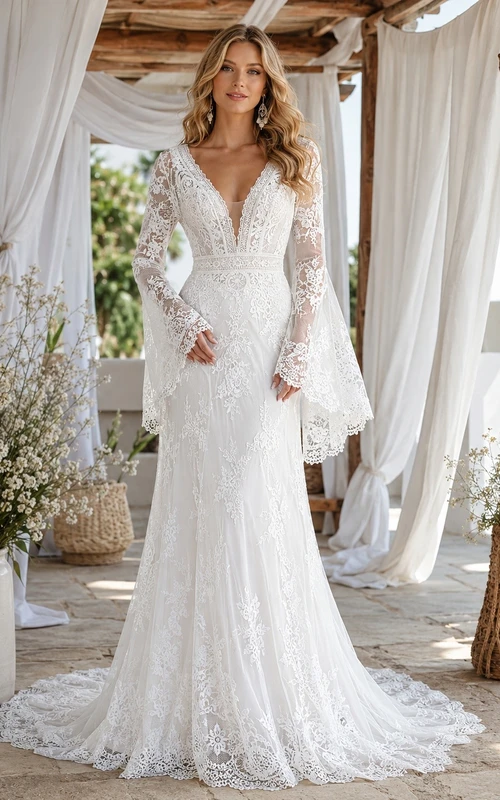 Vestido de fiesta bohemio de encaje blanco con escote en V, manga larga, corte sirena y cola larga.