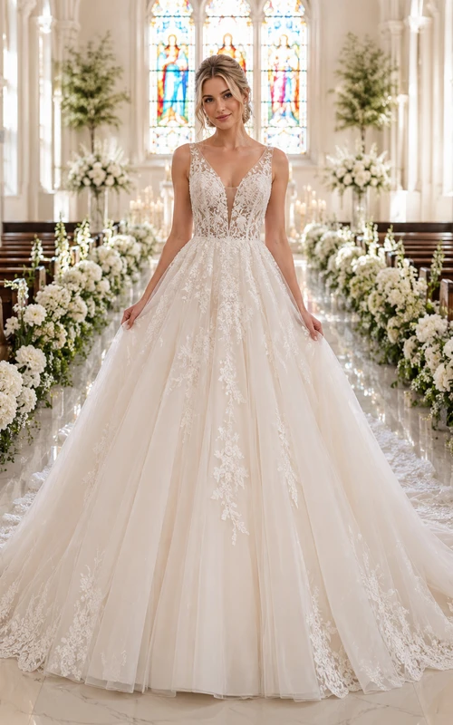 Vestido de novia de encaje y tul, estilo princesa, escote corazón, sin mangas, cola de capilla, con apliques.